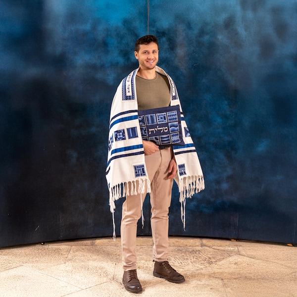 Conjunto de chal de oración Tallit moderno Yair Emanuel de 75 x 20,5 pulgadas - Tallit para Bar Mitzvah para hombres - Tallit unisex - Patrón geométrico bordado en seda