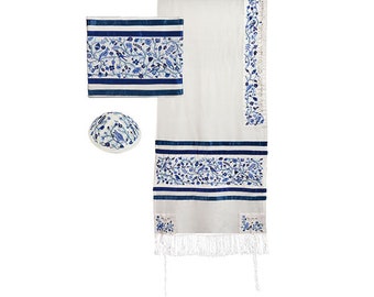 Yair Emanuel Tallit Prayer Shawl Set - The Four Matriarchs Unisex Tallit - Silk Embroidered Birds and Flowers