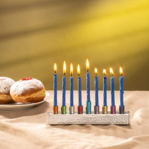 Yair Emanuel Small Hammered Strip Menorah Chanukah - Colorful Candle Cups - Hanukah Menorah 9 Branch - (7.5 inch)