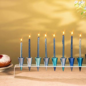 Yair Emanuel Modern Strip Hanukkah Menorah - Shades of Blue Cone Shaped Candle Cups - Menorah Chanuka 9 Branch - (16 inch)