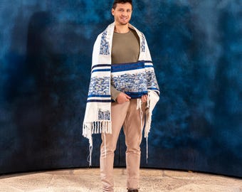 Conjunto de chal de oración Tallit colorido de Yair Emanuel, 20 x 75 pulgadas, bordado en seda con vista de Jerusalén, Tallit para Bar Mitzvah para hombres, Yarmulke judío.