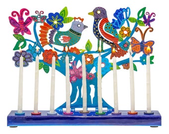 Yair Emanuel 9 Branch Hanukkah Menorah - Colorful Hand Painted Design - Birds and Butterflies