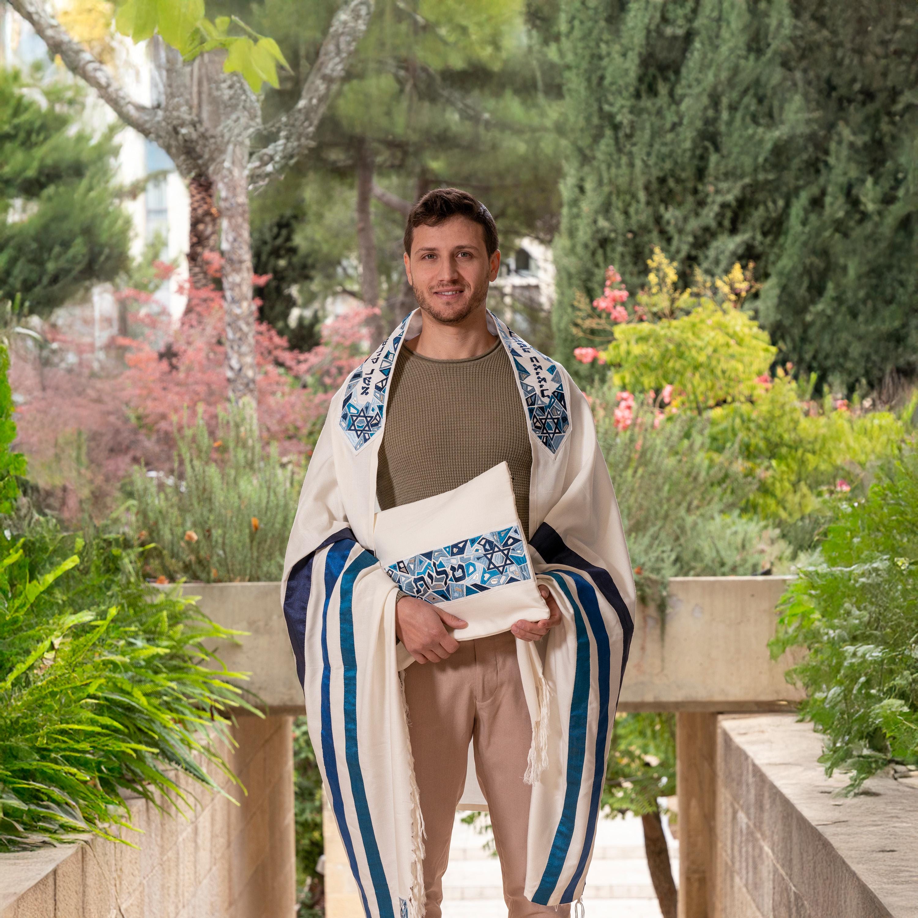 Yair Emanuel Premium Tallit Prayer Shawl Set 75x41" - Bar Mitzvah Tallit for men - Geometric Magen David Silk Embroidered - Jewish Yarmulke