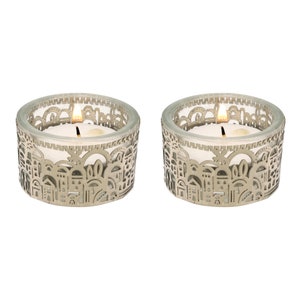 Yair Emanuel Shabbat Candleholders for Tea light candle - Jerusalem Shabbat Candlestick Set - Glass and Metal Filigree