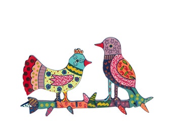 Boho Wall Mounted Key Holder with Metal Cutout Birds - Hand Painted with Vibrant Textures and Colors - 6 Hooks for Keys by Yair Emanuel