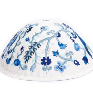 Yair Emanuel Bird and Flower Kippah for Shabbat Premium Blue Silk Embroidered Yarmulke Jewish Kipa image 3