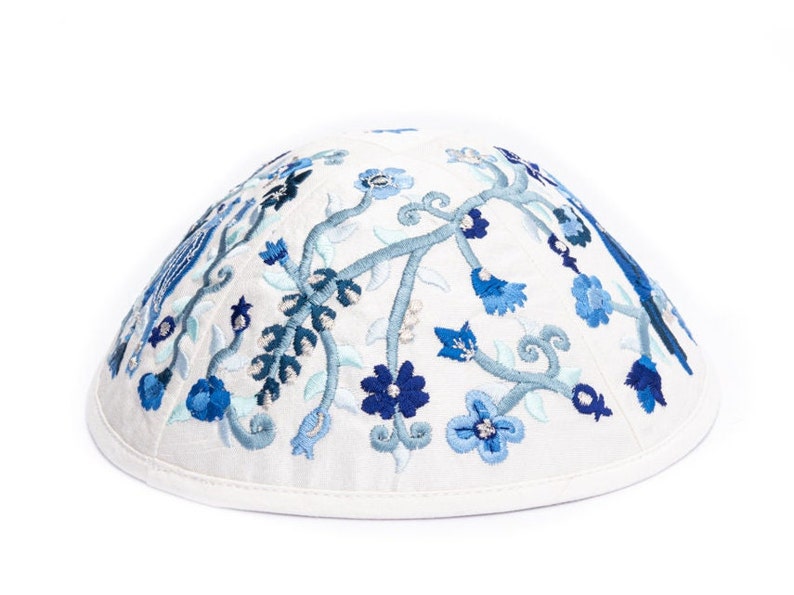 Yair Emanuel Bird and Flower Kippah for Shabbat Premium Blue Silk Embroidered Yarmulke Jewish Kipa image 3