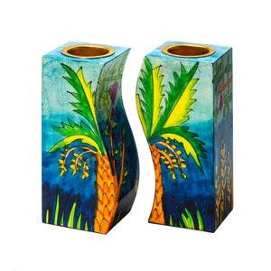 Yair Emanuel Shabbat Candle Holders - Hand painted Seven Species - Fitted design - Judaica Art - Shabbos Candles