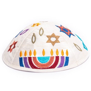 Yair Emanuel Colorful Hanukkah Kippah - Premium Silk Embroidered Yarmulke -  Menorah and Star of David - Jewish Kippah