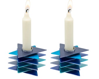 Yair Emanuel Modern Star of David Shabbat Candle Holders- Shabbos Candles - Shades of Blue Stacked Aluminum Plates - Jewish Wedding Gift