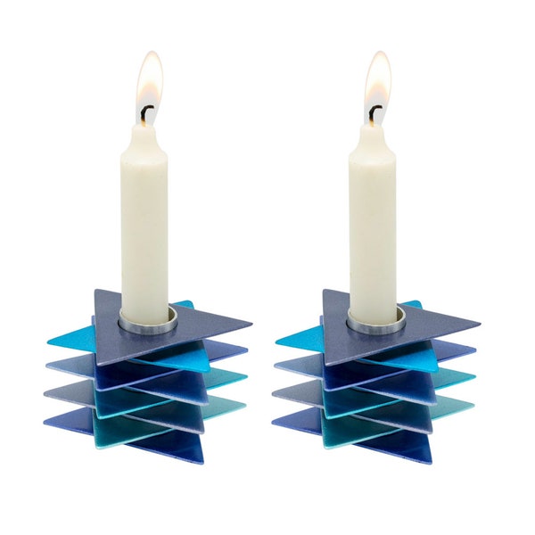 Yair Emanuel Modern Star of David Shabbat Candle Holders- Shabbos Candles - Shades of Blue Stacked Aluminum Plates - Jewish Wedding Gift