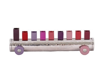 Yair Emanuel Small Hammered Strip Menorah Chanukah - Train Design with Colorful Candle Cups - Hanukah Menorah 9 Branch - (7.5 inch)