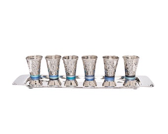 Yair Emanuel Modern Kiddush Cup Set with Tray - Kiddush Cup Blue Colored Rings - Set of 6