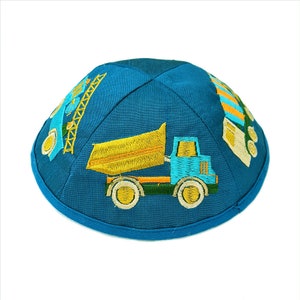 Yair Emanuel Jewish Kippah for Children - 5 inch - Premium Silk Embroidered Yarmulke - Trucks and Tractors