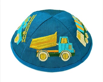 Yair Emanuel Jewish Kippah for Children - Premium Silk Embroidered Yarmulke - Trucks and Tractors