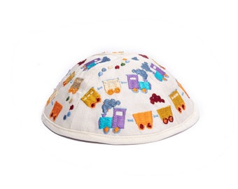 Yair Emanuel Jewish Kippah for Kids - Train Embroidery - Premium Silk Yarmulke - White Kipa