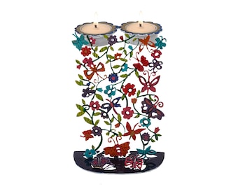 Hand painted Colorful Shabbat Tea light Candle Holders - Flowers and Butterflies