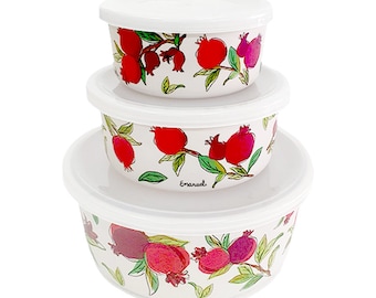Yair Emanuel Printed Pomegranates Food Container Set of 3 with Plastic Lids - Eco-Friendly Bamboo Fiber Composite for Stylish Food Storage