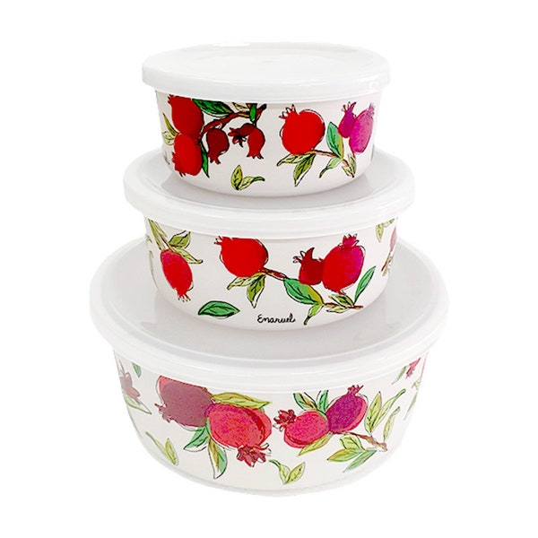 Yair Emanuel Printed Pomegranates Food Container Set of 3 with Plastic Lids - Eco-Friendly Bamboo Fiber Composite for Stylish Food Storage