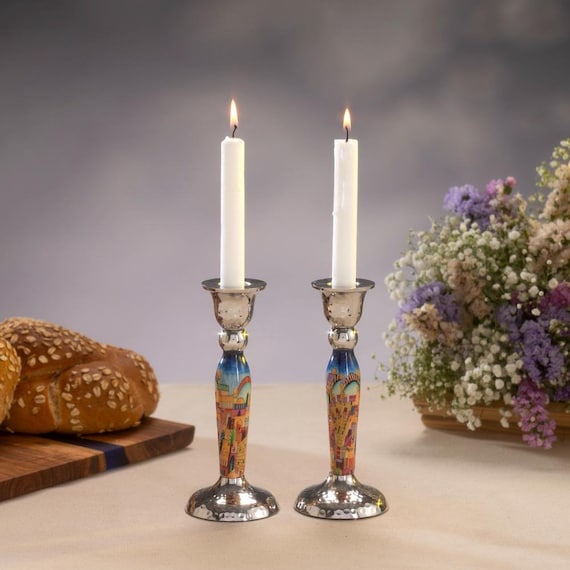Yair Emanuel 6.5 inch Shabbat Candles Holders Jerusalem Print - Pillar Candle Holders - Tapered Design Judaica Gift