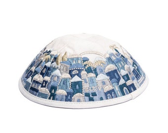 Yair Emanuel Blue Silk Embroidered Yarmulke - Jewish Kippah for Men and Women - Jerusalem Vista