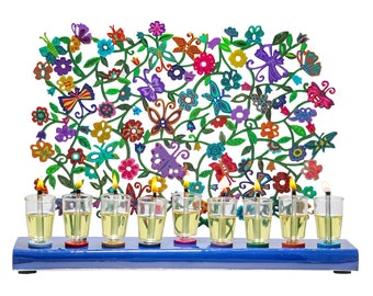 Yair Emanuel 9 Branch Hanukkah Menorah - Butterflies and Flowers - Colorful Hand Painted Design