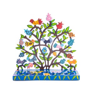 Yair Emanuel Hand-painted Tree of Life Jewish Hanukkah Menorah - Birds and pomegranates