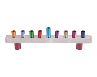 Yair Emanuel Modern Hammered Strip Menorah Chanukah - Colorful Candle Cups - Hanukah Menorah 9 Branch - (11 inch)