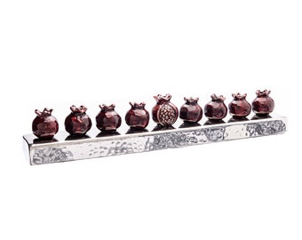 Yair Emanuel Hammered Strip Menorah Chanukah - Red Pomegranate Candle Cups - Hanukah Menorah 9 Branch - (14 inch)