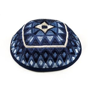 Yair Emanuel Blue Kippah for Men - 7.5 inch - Premium Silk Embroidered Mosaic Pattern - Jewish Yarmulke