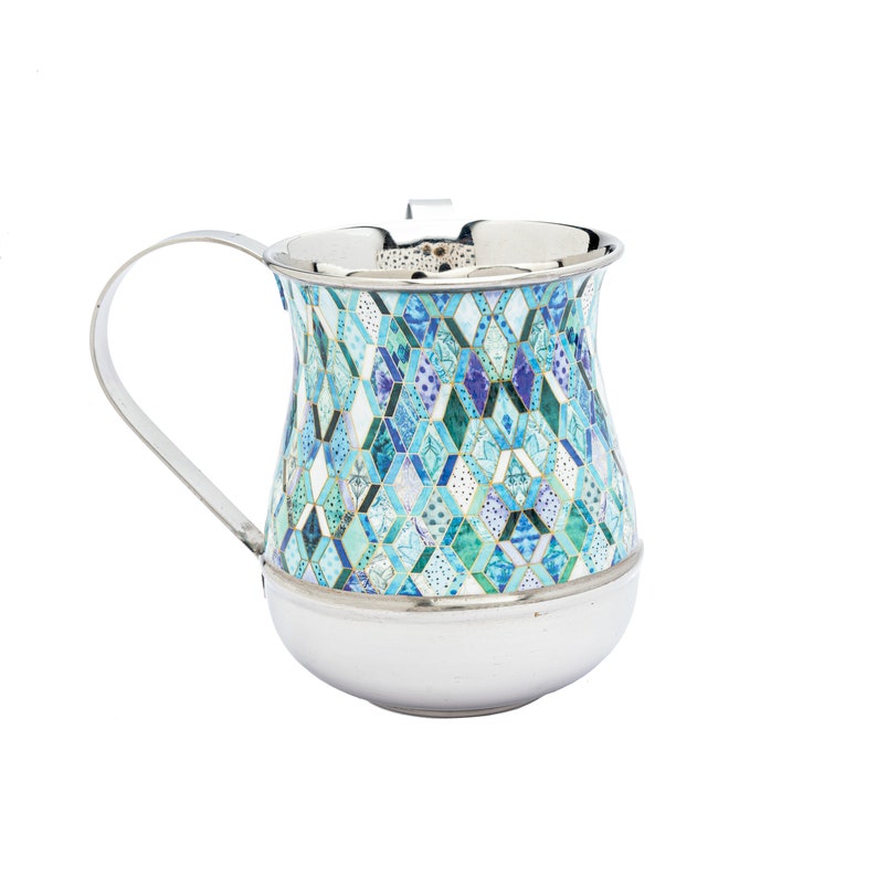 Yair Emanuel Hand Washing Cup Netilat Yadayim Cup Ceremonial Natla Vibrant Blue Mosiac Pattern image 2