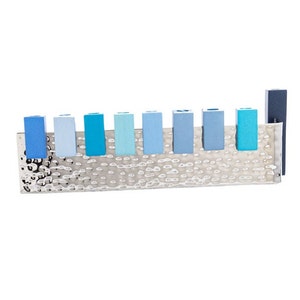 Yair Emanuel Hanukkah Menorah - Wall of City of David -  Interchangeable Candle Holders - Shades of Blue