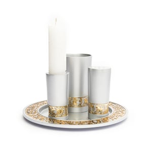 Yair Emanuel Havdalah Set – Matte Silver Anodized Aluminum – Includes Kiddush Cup, Spice Box, Candle Holder and Plate – Modern Judaica Gift