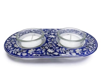 Yair Emanuel Shabbat Tea Light Candle Holders with Decorative Blue Armenian Tile Theme Metal Base