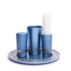 Yair Emanuel Havdalah Set – Blue Anodized Aluminum – Includes Kiddush Cup, Spice Box, Candle Holder and Plate – Modern Judaica Gift
