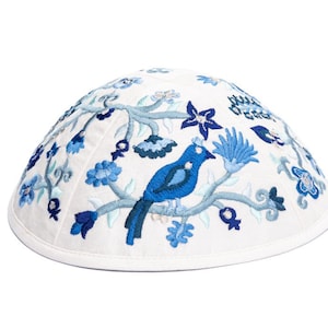 Yair Emanuel Bird and Flower Kippah for Shabbat - Premium Blue Silk Embroidered Yarmulke - 7.5 inch - Jewish Kipa