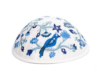 Yair Emanuel Bird and Flower Kippah for Shabbat - Premium Blue Silk Embroidered Yarmulke - 7.5 inch - Jewish Kipa