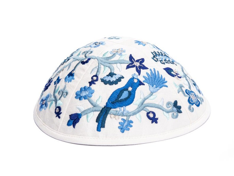 Yair Emanuel Bird and Flower Kippah for Shabbat Premium Blue Silk Embroidered Yarmulke Jewish Kipa image 1