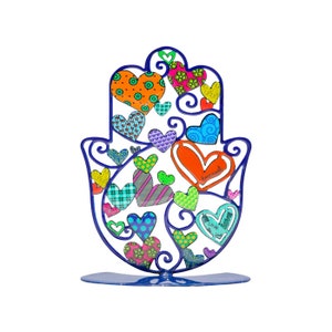 4 Inch Standing Hamsa Amulet - Yair Emanuel Decorative Protection Amulet, Love & Joy Themed Home Blessing Judaica housewarming Gift