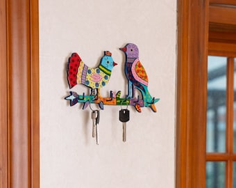 Boho Wall Mounted Key Holder with Metal Cutout Birds - Hand Painted with Vibrant Textures and Colors - 6 Hooks for Keys by Yair Emanuel