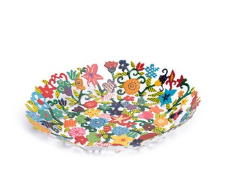 Yair Emanuel Colorful Centerpiece Fruit Bowl - Decorative Bowl for Display Hand Painted Bowl Metal floral Wall Decor Bowl Housewarming Gift