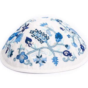 Yair Emanuel Bird and Flower Kippah for Shabbat Premium Blue Silk Embroidered Yarmulke Jewish Kipa image 2