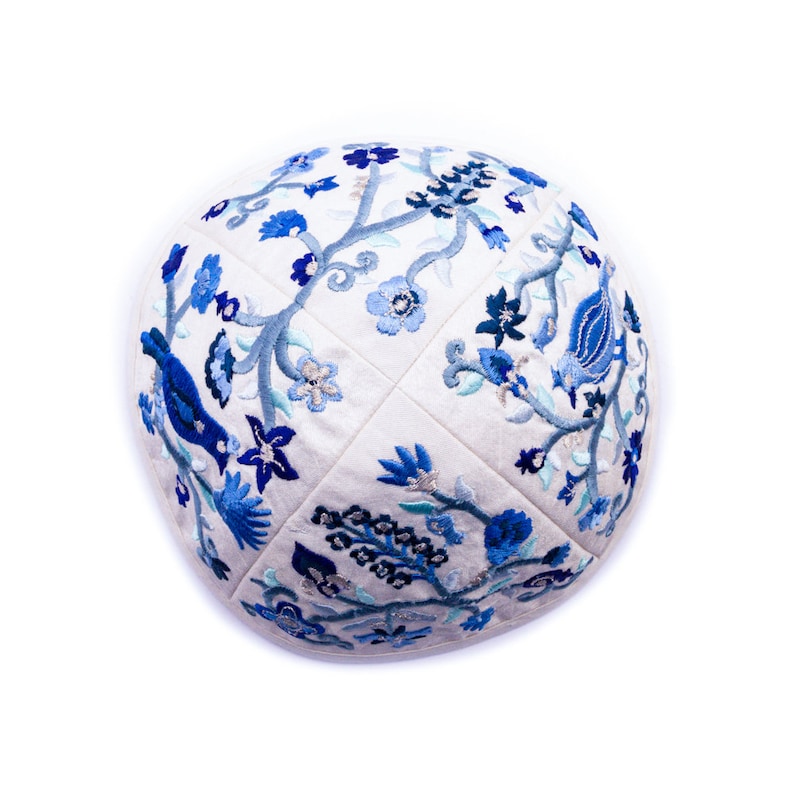 Yair Emanuel Bird and Flower Kippah for Shabbat Premium Blue Silk Embroidered Yarmulke Jewish Kipa image 5