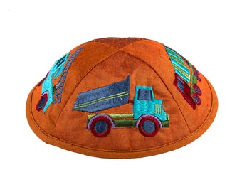 Yair Emanuel Jewish Kippah for boys - Playful Trucks and Tractors Embroidery - Premium Silk Yarmulke for Children