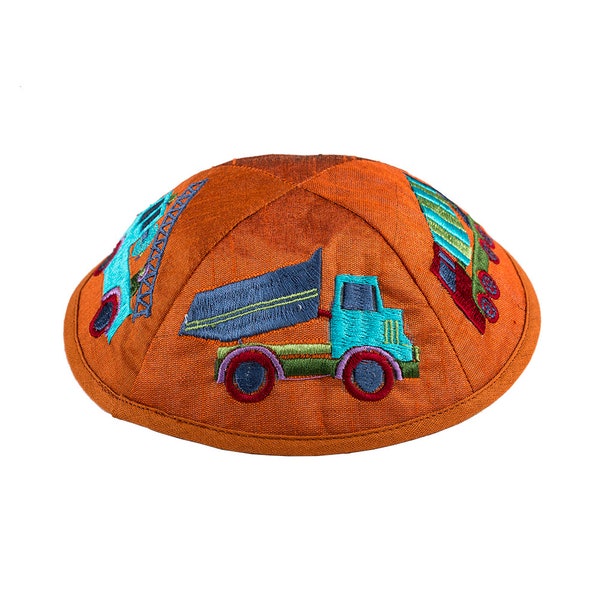 Yair Emanuel Jewish Kippah for boys - Playful Trucks and Tractors Embroidery - Premium Silk Yarmulke for Children