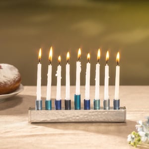 Yair Emanuel Small Hammered Strip Menorah Chanukah - Blue Candle Cups - Hanukah Menorah 9 Branch - (7.5 inch)