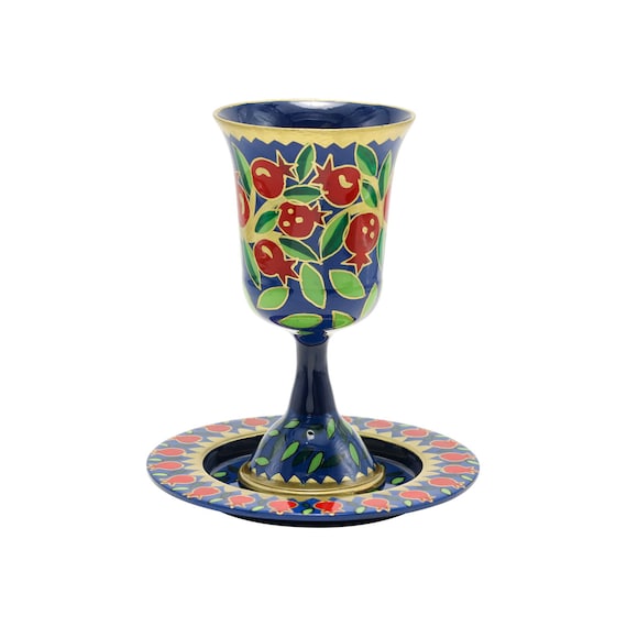 Ayuni Gifts Of The World Porcelain Kiddush Cup Wine Goblet With Saucer For Shabbat And Holidays Colorful Pomegranates Birds 6 X 3 With Foot - View #3