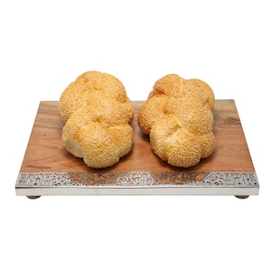 Yair Emanuel Wooden Challah Board for Shabbat with Decorative Jerusalem Metal Bezel - Judaica Gift