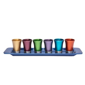 Yair Emanuel Modern Kiddush Cup Set with Tray - Modern Aluminum Kiddush Set with Colored Rings - Set of 6