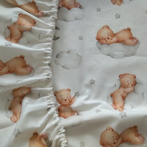 Teddy Bear Crib Sheet Neutral, Nursery Fitted Premium Cotton Sheets, Bedside Crib, HandMade Baby Bedding, Toddler Bed Sheet